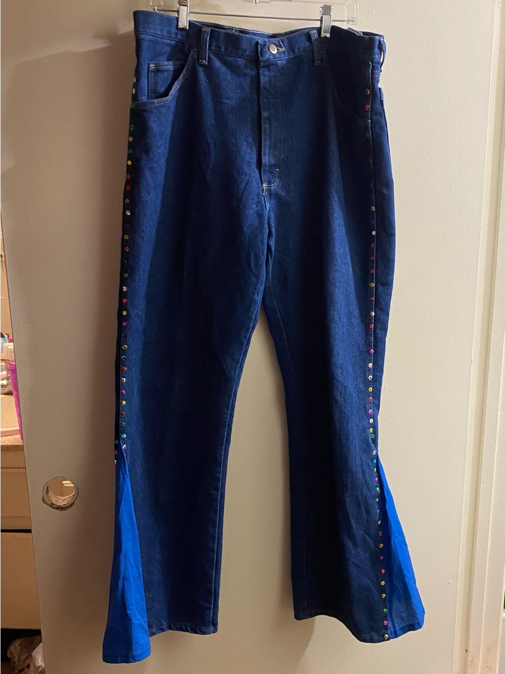 Wrangler Mens Western Jeans 38x33 Upcycled Dark Blue Flare Leg Sequin Sides
